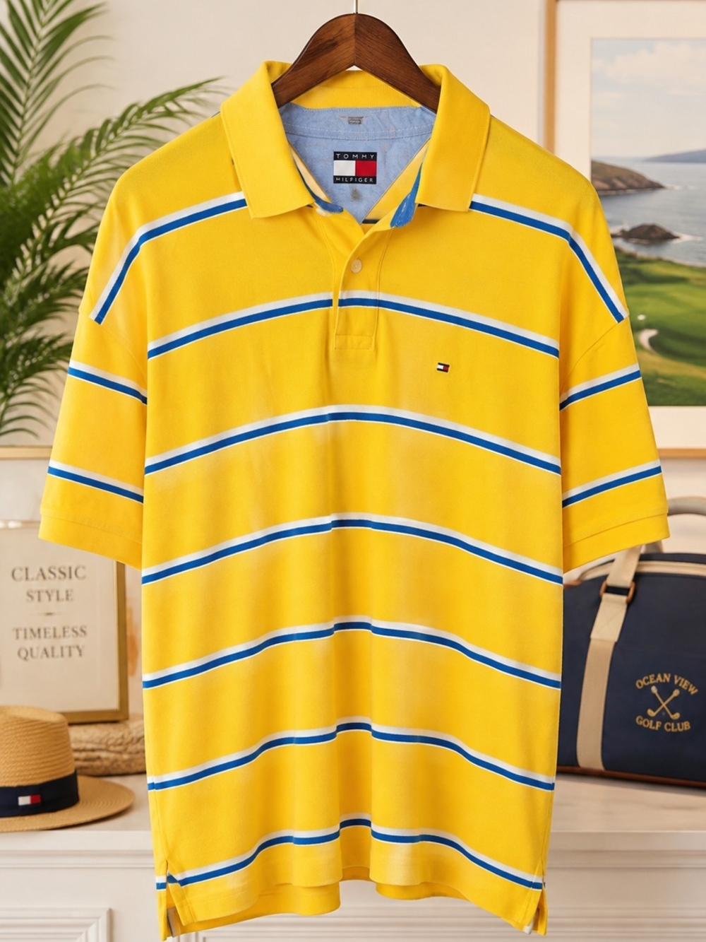 Vintage Tommy Hilfiger Yellow Polo with Blue and White Stripes